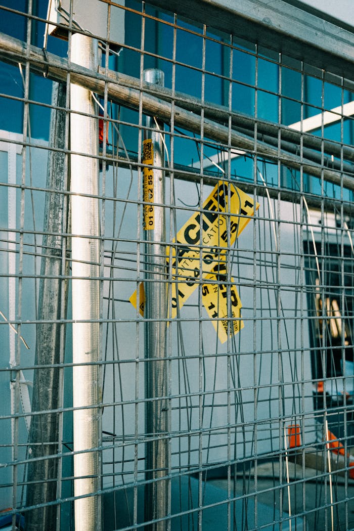 journey Close-up of a damaged metal fence wrapped with yellow caution tape at a construction site.